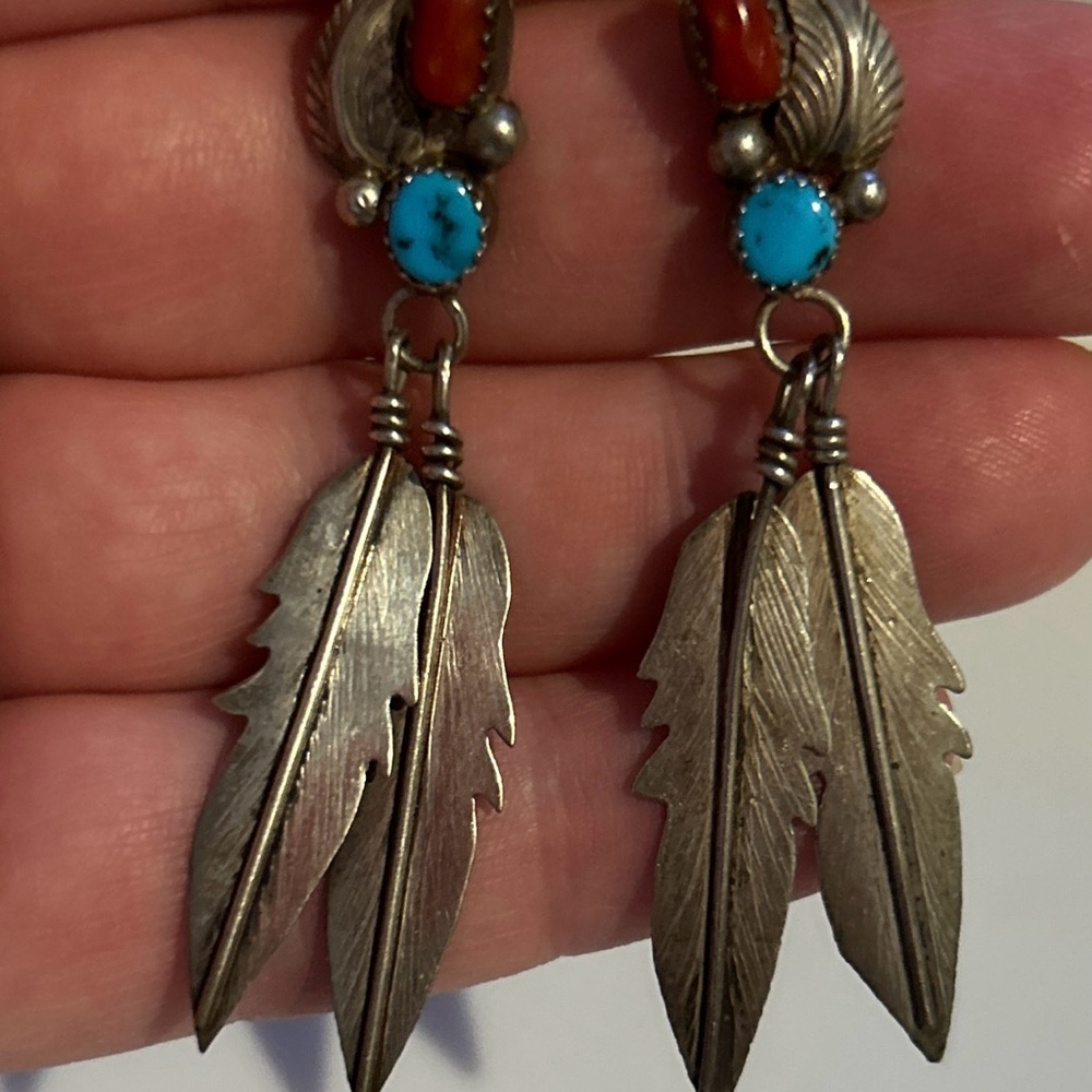 Southwest Sterling Coral And Turquoise Feather Drop Stud Earrings